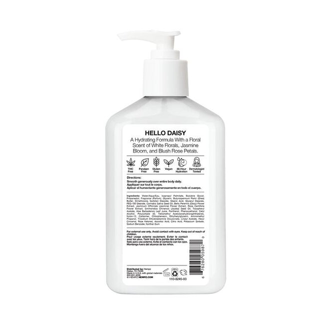 Revitalize your skin with our Exclusive Daisy Body Moisturizer. Infused with pure hemp seed oil and botanicals to intensely hydrate dry skin, the lotion has a soft white floral scent. 8.5 ounces in a pump bottle.