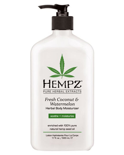 Hempz Fresh Coconut & Watermelon Herbal Body Moisturizer is enriched with 100% Pure Natural Hemp Seed Oil and infused with our signature blend of soothing Aloe, Omega rich vitamin E, calming Chamomile and Avocado Extracts and hydrating Coconut Oil and Watermelon Extract to help nourish and moisturize skin.