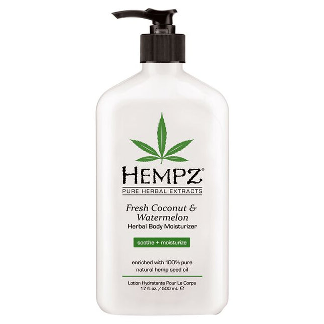 Hempz Fresh Coconut & Watermelon Herbal Body Moisturizer is enriched with 100% Pure Natural Hemp Seed Oil and infused with our signature blend of soothing Aloe, Omega rich vitamin E, calming Chamomile and Avocado Extracts and hydrating Coconut Oil and Watermelon Extract to help nourish and moisturize skin.