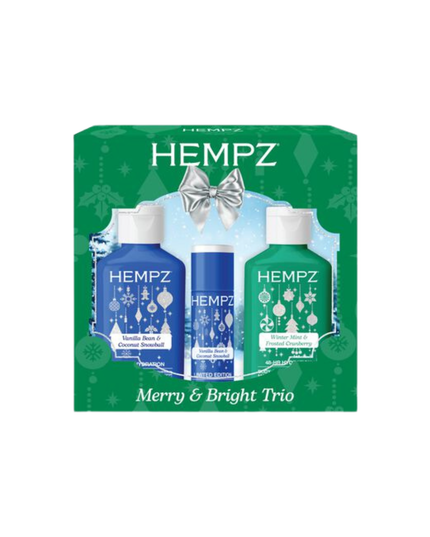 Merry &amp; Bright Trio Includes:

(1) - Vanilla Bean & Coconut Snowball Lip Balm, 0.25 oz.
(1) - Mini Vanilla Bean & Coconut Snowball, 2.25 fl. oz.
(1) - Mini Winter & Mint Frosted Cranberry, 2.25 fl. oz.
