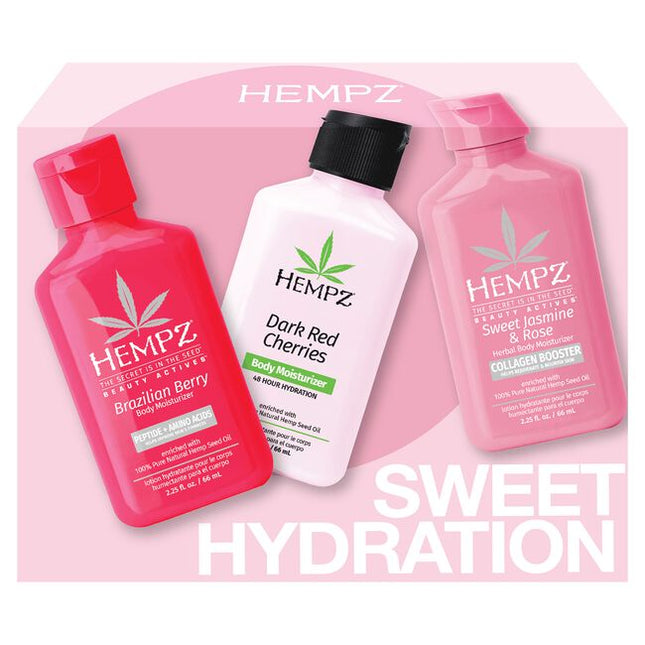 Sweet Hydration Mini Trio Includes:

(1) - Mini Dark Red Cherries Body Moisturizer, 2.25 fl. oz.
(1) - Mini Brazilian Berry Body Moisturize, 2.25 fl. oz.
(1) - Mini Sweet Jasmine Body Moisturize, 2.25 fl. oz.
