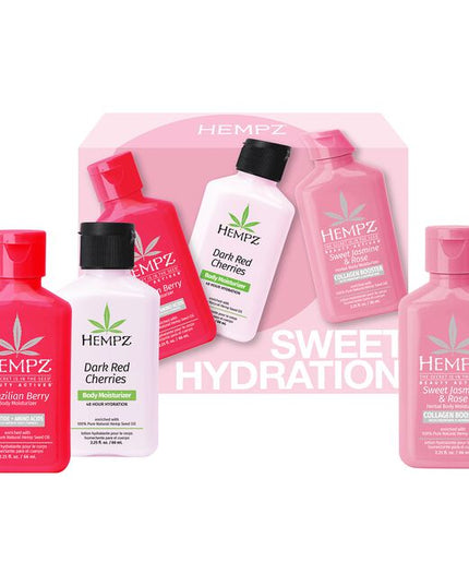 Sweet Hydration Mini Trio Includes:

(1) - Mini Dark Red Cherries Body Moisturizer, 2.25 fl. oz.
(1) - Mini Brazilian Berry Body Moisturize, 2.25 fl. oz.
(1) - Mini Sweet Jasmine Body Moisturize, 2.25 fl. oz.