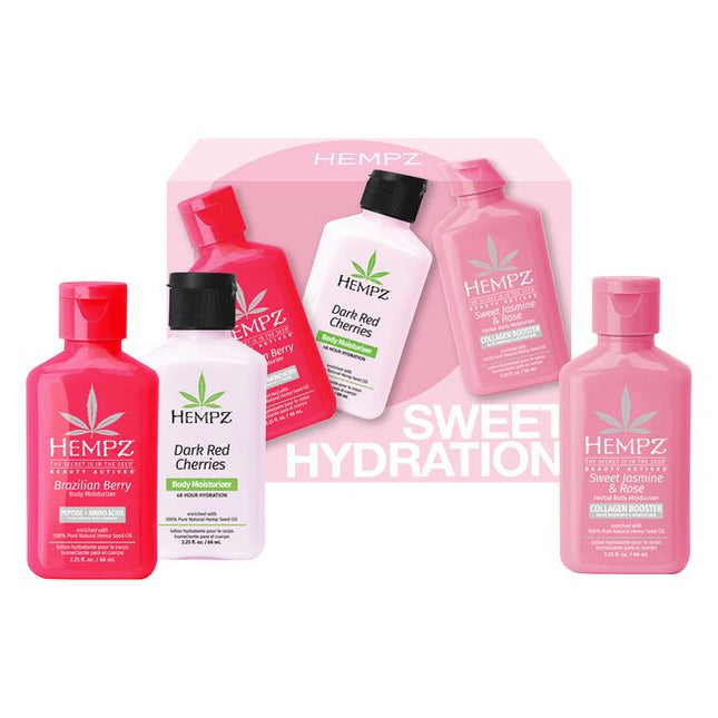 Sweet Hydration Mini Trio Includes:

(1) - Mini Dark Red Cherries Body Moisturizer, 2.25 fl. oz.
(1) - Mini Brazilian Berry Body Moisturize, 2.25 fl. oz.
(1) - Mini Sweet Jasmine Body Moisturize, 2.25 fl. oz.
