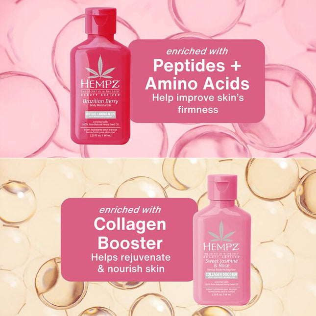 Sweet Hydration Mini Trio Includes:

(1) - Mini Dark Red Cherries Body Moisturizer, 2.25 fl. oz.
(1) - Mini Brazilian Berry Body Moisturize, 2.25 fl. oz.
(1) - Mini Sweet Jasmine Body Moisturize, 2.25 fl. oz.