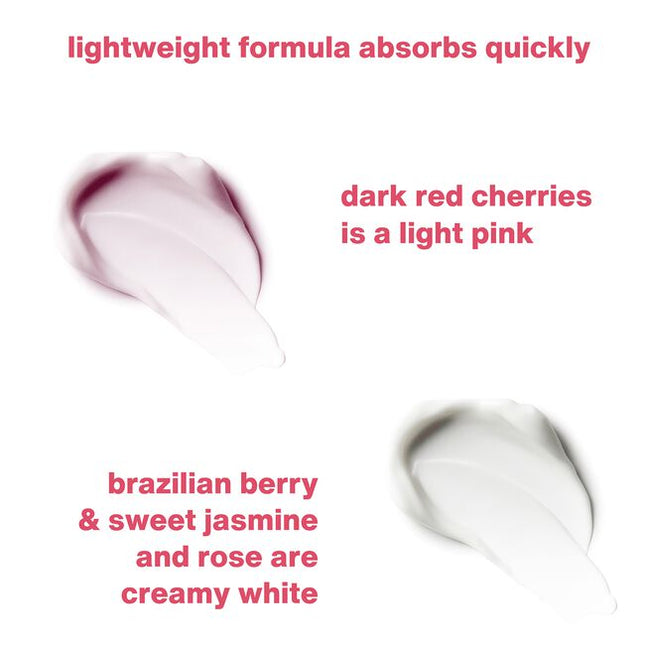 Sweet Hydration Mini Trio Includes:

(1) - Mini Dark Red Cherries Body Moisturizer, 2.25 fl. oz.
(1) - Mini Brazilian Berry Body Moisturize, 2.25 fl. oz.
(1) - Mini Sweet Jasmine Body Moisturize, 2.25 fl. oz.