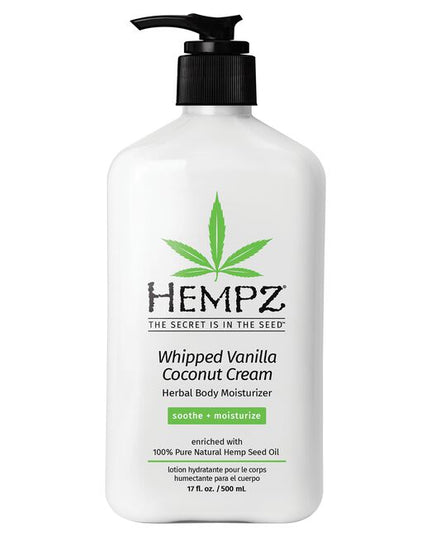 Indulge in Hempz Whipped Vanilla & Coconut Cream moisturizer. It leaves skin with a subtly sweet, tropical scent and hydrates with 100% pure hemp seed oil.