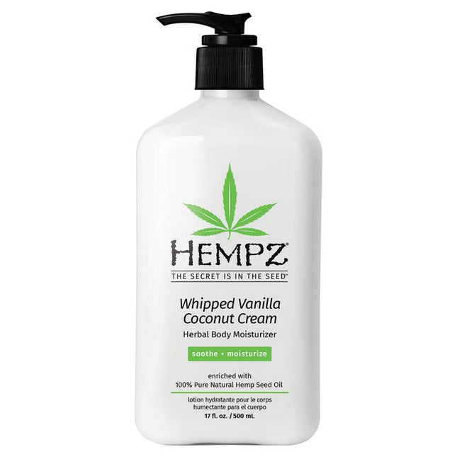 Indulge in Hempz Whipped Vanilla & Coconut Cream moisturizer. It leaves skin with a subtly sweet, tropical scent and hydrates with 100% pure hemp seed oil.