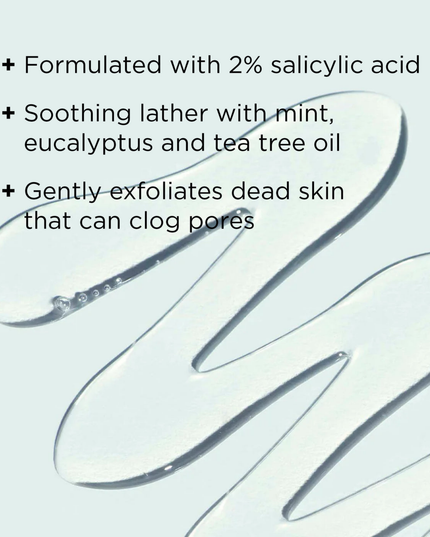 This fresh, foaming BHA cleanser lathers away excess oil, shine and impurities. Formulated with 2% salicylic acid, it gently exfoliates dead skin that can clog pores. A refreshing blend of mint, eucalyptus and tea tree oils create an invigorating cleansing experience.