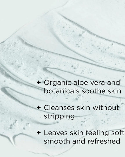 This mild, refreshing gel cleanser gently foams away impurities, leaving skin soft, hydrated and clean. A nourishing complex with organic aloe vera and botanical extracts soothes delicate skin. The satiny texture restores softness and balance.