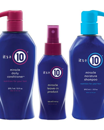 Conditioning Kit Includes:

(1) Miracle Moisture Shampoo - 10 fl. oz.
(1) Miracle Daily Conditioner - 10 fl. oz.
(1) Miracle Leave-In - 4 fl. oz.