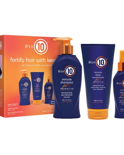 Its A 10 Keratin Kit Includes:

(1) Miracle Shampoo Plus Keratin - 10 fl. oz.
(1) Miracle Deep Conditioner Plus Keratin - 5 fl. oz.
(1) Miracle Leave-In Plus Keratin - 4 fl. oz.