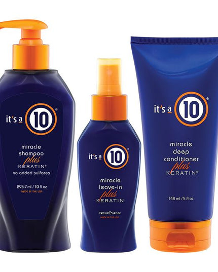Its A 10 Keratin Kit Includes:

(1) Miracle Shampoo Plus Keratin - 10 fl. oz.
(1) Miracle Deep Conditioner Plus Keratin - 5 fl. oz.
(1) Miracle Leave-In Plus Keratin - 4 fl. oz.