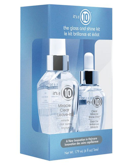 The Gloss and Shine Kit Includes:

Clear Miracle Leave-in Product 4 fl. oz.
Clear Miracle Shine Elixir 3 fl. oz.
Clear Miracle Gel 5 fl. oz.