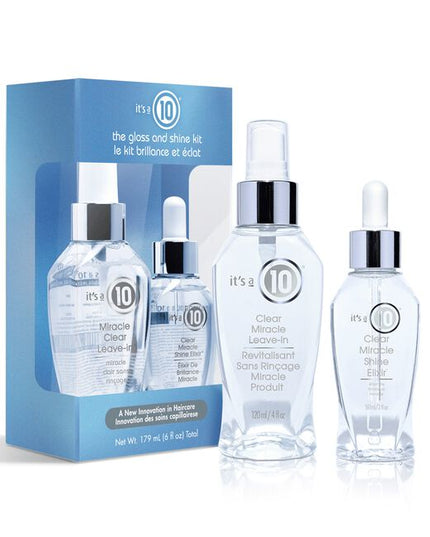 The Gloss and Shine Kit Includes:

Clear Miracle Leave-in Product 4 fl. oz.
Clear Miracle Shine Elixir 3 fl. oz.
Clear Miracle Gel 5 fl. oz.