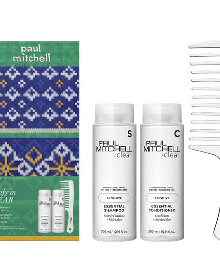 Comfy in Clear Set Includes:
(1) - Clear Essential Shampoo, 10.14 fl. oz.
(1) - Clear Essential Conditioner, 10.14 fl. oz.
(1) - Detangler Comb
