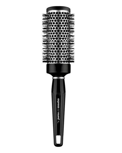 Express Ionic Round Brush minimizes flyways and creates a sleek, frizz-free finish. Aluminum barrel heats up during blow-drying to help shape your style.