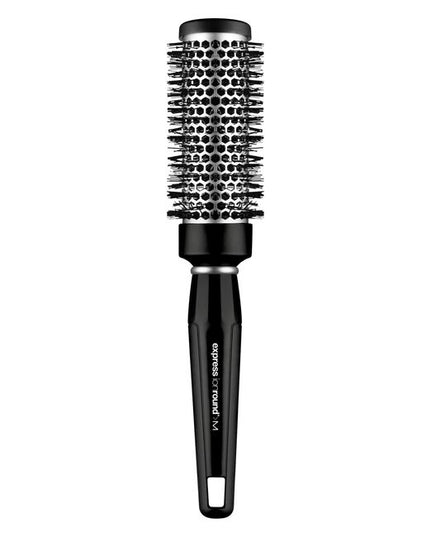 Express Ionic Round Brush minimizes flyways and creates a sleek, frizz-free finish. Aluminum barrel heats up during blow-drying to help shape your style.