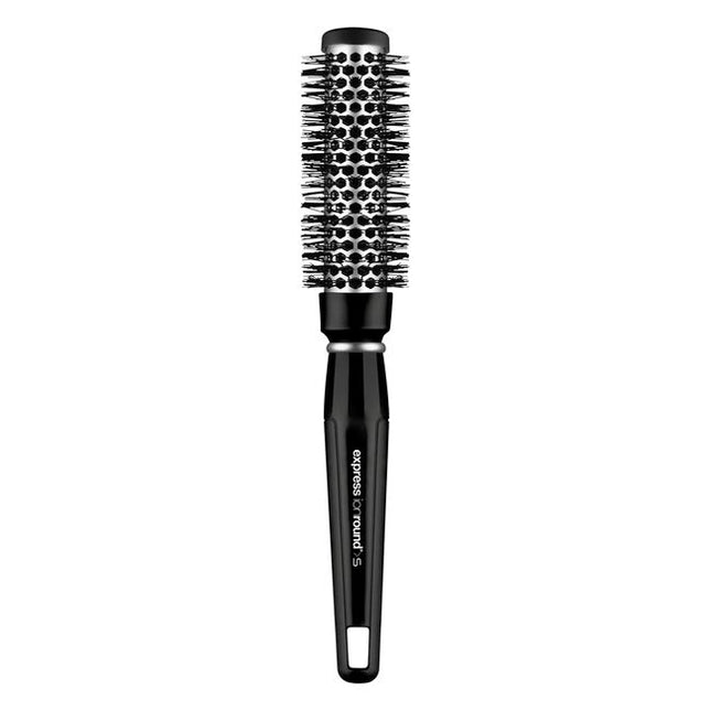 Express Ionic Round Brush minimizes flyways and creates a sleek, frizz-free finish. Aluminum barrel heats up during blow-drying to help shape your style.