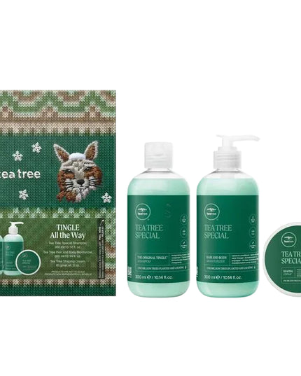 Tingle All the Way Set Includes:
(1) - Tea Tree Special Shampoo, 10.14 fl. oz.
(1) - Tea Tree Hair and Body Moisturizer, 10.14 fl. oz.
(1) - Tea Tree Shaping Cream, 3 oz.