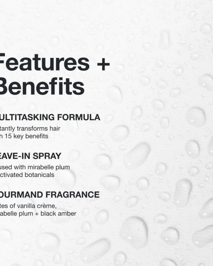 Multitasking spray infused with mirabelle plum oil and activated botanicals instantly transforms hair with 15 key benefits.