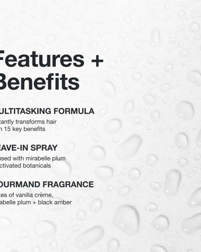 Multitasking spray infused with mirabelle plum oil and activated botanicals instantly transforms hair with 15 key benefits.