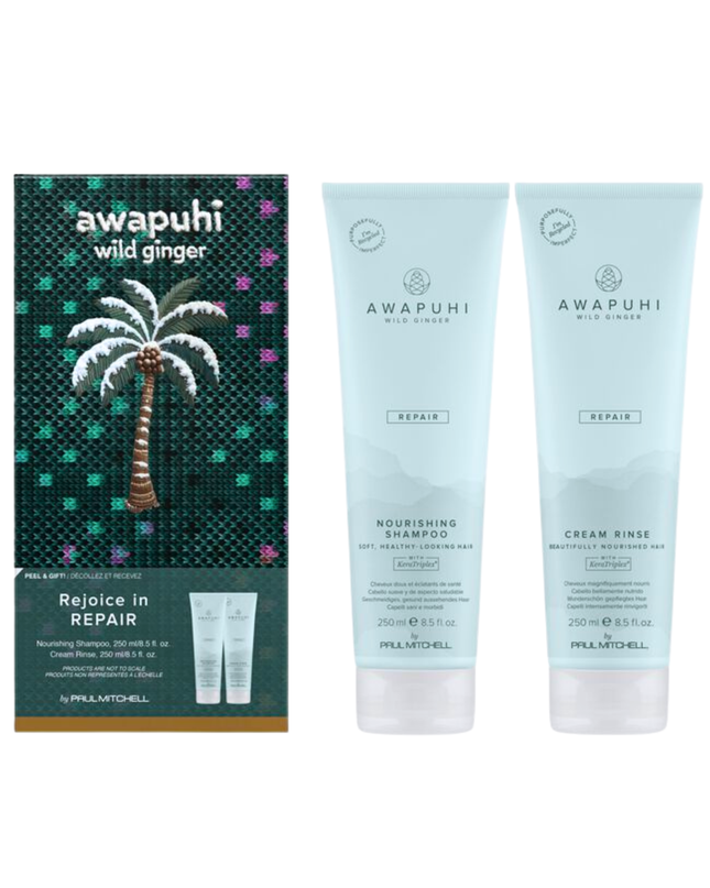 Awapuhi Wild Ginger Crafted for Repair Set Includes:

(1) - Awapuhi Wild Ginger Nourishing Shampoo, 8.5 fl. oz.
(1) - Awapuhi Wild Ginger Cream Rinse, 8.5 fl. oz.