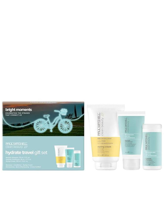Paul Mitchell Bright Moments Hydrate Travel Gift Set is a convenient hair care set designed to help cleanse and hydrate hair while on the go. Each item is sized at 1.7 oz, making it ideal for travel or trial use.