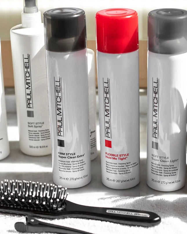 Finishing Spray
Paul Mitchell Express Style Hold Me Tight 55% VOC - Finishing Spray lets you create a style that lasts all day. This quick-drying strong yet flexible spray adds shine and washes out easily. Powerful, flexible polymers provide strong, long-lasting hold. Paul Mitchell Express Style Hold Me Tight Finishing Spray provides a clean hold.