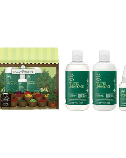 Today’s special: uplifting volume. Cleanse, condition and thicken fine strands with these delightfully citrusy essentials.

Lemon Tree Market Gift Set Includes:

Lemon Sage Thickening Shampoo, 10.14 fl. oz.
Lemon Sage Thickening Conditioner, 10.14 fl. oz.
Lemon Sage Thickening Spray, 2.5 fl. oz.