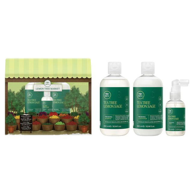 Today’s special: uplifting volume. Cleanse, condition and thicken fine strands with these delightfully citrusy essentials.

Lemon Tree Market Gift Set Includes:

Lemon Sage Thickening Shampoo, 10.14 fl. oz.
Lemon Sage Thickening Conditioner, 10.14 fl. oz.
Lemon Sage Thickening Spray, 2.5 fl. oz.