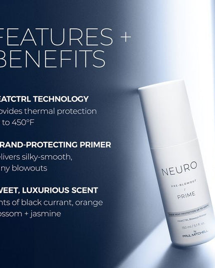 Prep hair for the perfect blowout! Neuro Prime HeatCTRL Blowout Primer protects against heat damage from blow-drying with HeatCTRL Technology— John Paul Mitchell System's exclusive heat-activated blend that delivers advanced thermal protection up to 450°F, so you get all of the styling power and silky-smooth, shiny results without the damage.