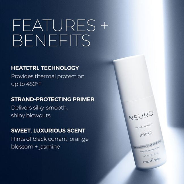 Prep hair for the perfect blowout! Neuro Prime HeatCTRL Blowout Primer protects against heat damage from blow-drying with HeatCTRL Technology— John Paul Mitchell System's exclusive heat-activated blend that delivers advanced thermal protection up to 450°F, so you get all of the styling power and silky-smooth, shiny results without the damage.