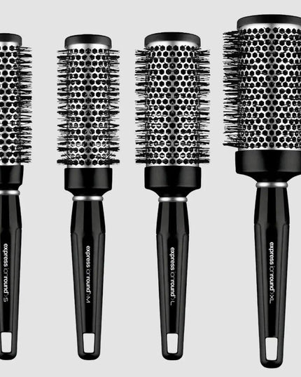 Help minimize flyaways and create a sleek, frizz-free finish with this round thermal brush. Available in four barrel sizes: small, medium, large and extra-large, the vented aluminum barrel heats up during blow-drying to help shape your style while its unique, corkscrew-shaped vegan bristles provide a smoother finish.