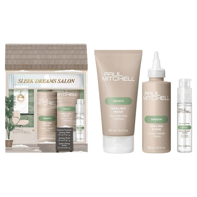 Get the glass hair you’ve been dreaming of! Treat, seal and style strands with this trio of frizz-frighting essentials for super smooth, flawless, shiny results.

Sleek Dreams Salon Gift Set Includes:

(1) - Sealing Mask, 5.1 fl. oz.
(1) - Sealing Rinse, 5.1 fl. oz.
(1) - Super Skinny Serum, 0.85 fl. oz.
