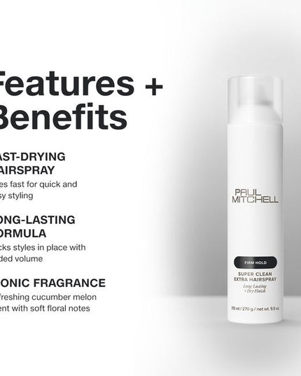 Paul Mitchell Super Clean Extra Hairspray
Long-Lasting + Dry Finish

Quick-drying, strong-hold hairspray locks hair in place with added volume and a shiny finish.