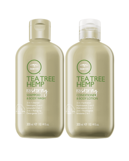 A multitasking hair and body care set designed to restore and hydrate stressed hair and skin. It consists of two 2-in-1 products: the Tea Tree Hemp Restoring Shampoo & Body Wash and the Tea Tree Hemp Restoring Conditioner & Body Lotion.