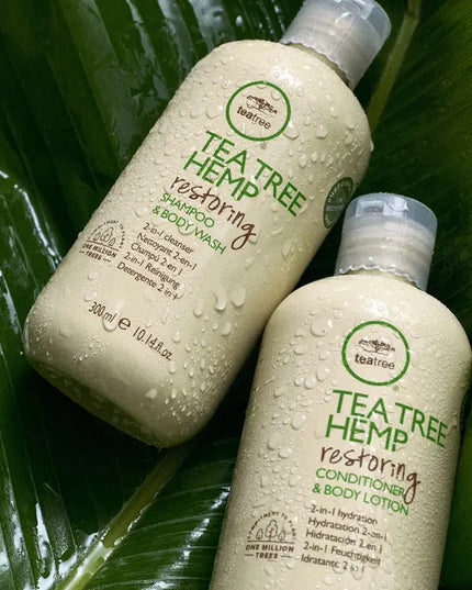 A multitasking hair and body care set designed to restore and hydrate stressed hair and skin. It consists of two 2-in-1 products: the Tea Tree Hemp Restoring Shampoo & Body Wash and the Tea Tree Hemp Restoring Conditioner & Body Lotion.