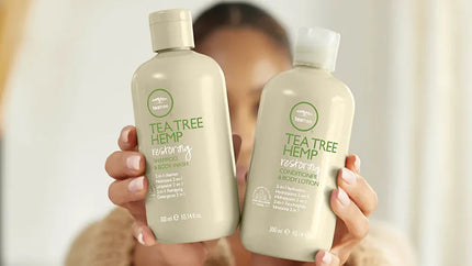 A multitasking hair and body care set designed to restore and hydrate stressed hair and skin. It consists of two 2-in-1 products: the Tea Tree Hemp Restoring Shampoo & Body Wash and the Tea Tree Hemp Restoring Conditioner & Body Lotion.