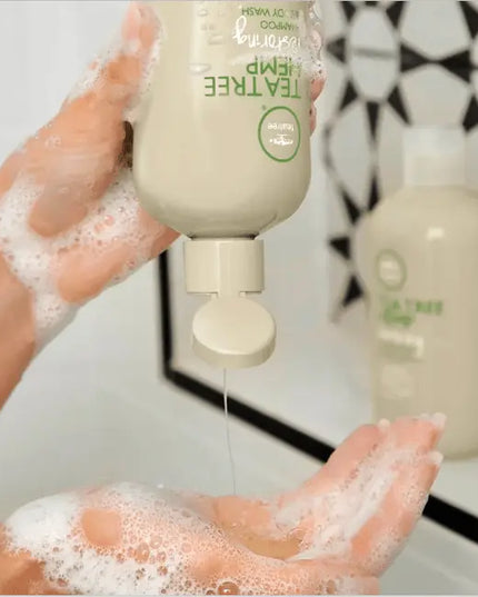 A multitasking hair and body care set designed to restore and hydrate stressed hair and skin. It consists of two 2-in-1 products: the Tea Tree Hemp Restoring Shampoo & Body Wash and the Tea Tree Hemp Restoring Conditioner & Body Lotion.
