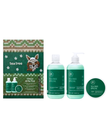 Tingle All the Way Set Includes:
(1) - Tea Tree Special Shampoo, 10.14 fl. oz.
(1) - Tea Tree Hair and Body Moisturizer, 10.14 fl. oz.
(1) - Tea Tree Shaping Cream, 3 oz.