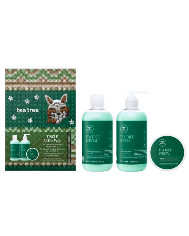 Tingle All the Way Set Includes:
(1) - Tea Tree Special Shampoo, 10.14 fl. oz.
(1) - Tea Tree Hair and Body Moisturizer, 10.14 fl. oz.
(1) - Tea Tree Shaping Cream, 3 oz.