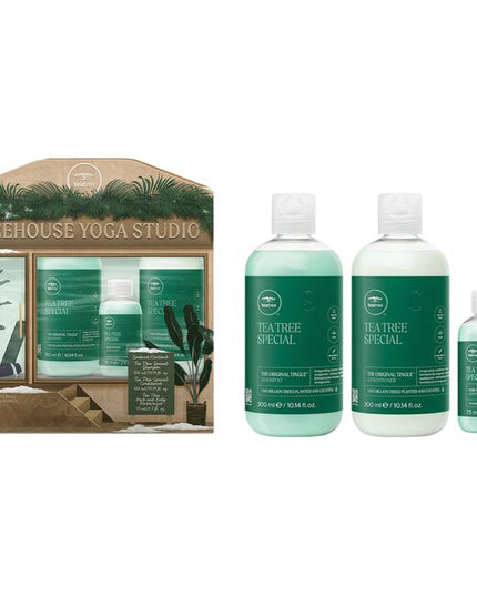 2 Tingle Avenue
Refresh hair, body and spirit. Enjoy the signature Tea Tree tingle as you cleanse and condition hair, then moisturize skin with Tea Tree Hair and Body Moisturizer.

Treehouse Yoga Studio Gift Set Includes:

Tea Tree Special Shampoo, 10.14 fl. oz.
Tea Tree Special Conditioner, 10.14 fl. oz.
Tea Tree Hair and Body Moisturizer, 2.5 fl. oz.
