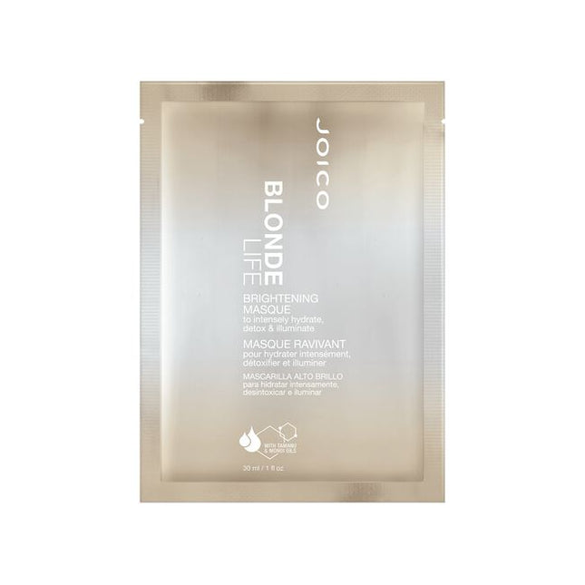 The Joico Blonde Life Brightening Masque instantly hydrates, softens and illuminates by neutralizing chlorine and removing trace minerals that can dull and yellow blonde hair. Nutrient-rich Tamanu and Monoi oils help restore strength and reduce breakage