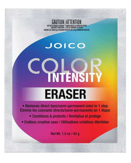 Erase with Ease. Color Intensity® Eraser lifts direct dyes and semi-permanent color&nbsp;in&nbsp;30 minutes or less. Color-obsessed clients can now change their custom color quickly and easily while leaving locks gleaming with healthy-looking condition! In 30 minutes or less, this brilliant K-PAK Keratin-enriched formula lifts direct dyes, leaving hair joi-fully ready for its next color transformation.