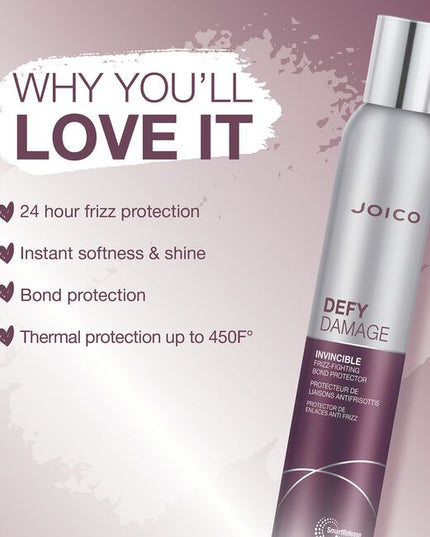 Conquer dreaded frizz with Defy Damage Invincible Frizz-Fighting Bond Protector ? the bond-building spray that instantly shields hair from humidity, thermal damage, and the effects of pollution for a full 24 hours.