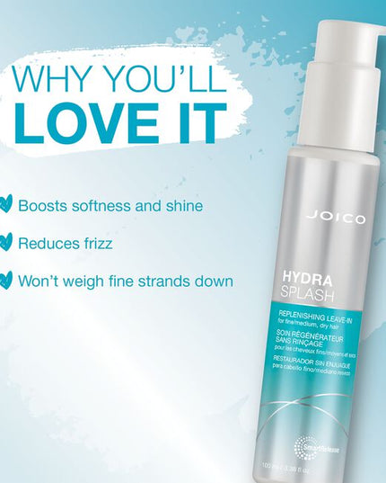 Formulated with hydrating marine ingredients, like Sea Kelp and Coconut Water, HydraSplash Replenishing Leave-In for fine-to-medium hair delivers a lightweight splash of moisture, shine, and softness for a full 24 hours.