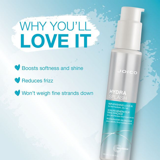 Formulated with hydrating marine ingredients, like Sea Kelp and Coconut Water, HydraSplash Replenishing Leave-In for fine-to-medium hair delivers a lightweight splash of moisture, shine, and softness for a full 24 hours.