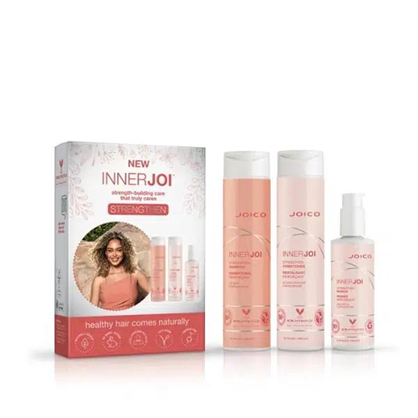 The Joico InnerJoi Strengthen Trio is a strong hair care system that helps repair and strengthen damaged hair, making it feel healthy, smooth, and strong. The Strengthen Shampoo gently cleanses the hair, creating a rich lather while adding moisture with Coconut and Abyssinian oils.