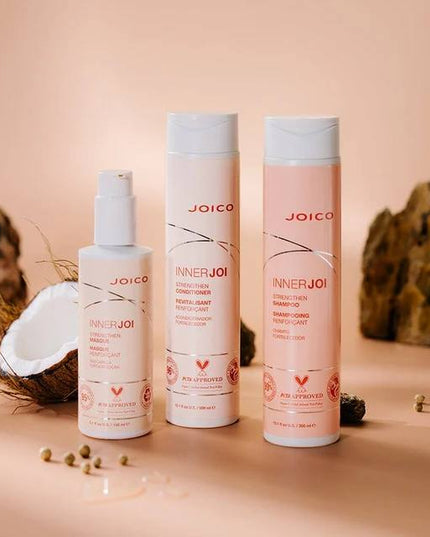 The Joico InnerJoi Strengthen Trio is a strong hair care system that helps repair and strengthen damaged hair, making it feel healthy, smooth, and strong. The Strengthen Shampoo gently cleanses the hair, creating a rich lather while adding moisture with Coconut and Abyssinian oils.