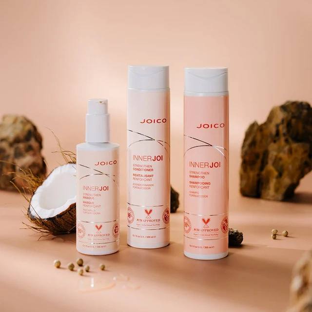 The Joico InnerJoi Strengthen Trio is a strong hair care system that helps repair and strengthen damaged hair, making it feel healthy, smooth, and strong. The Strengthen Shampoo gently cleanses the hair, creating a rich lather while adding moisture with Coconut and Abyssinian oils.